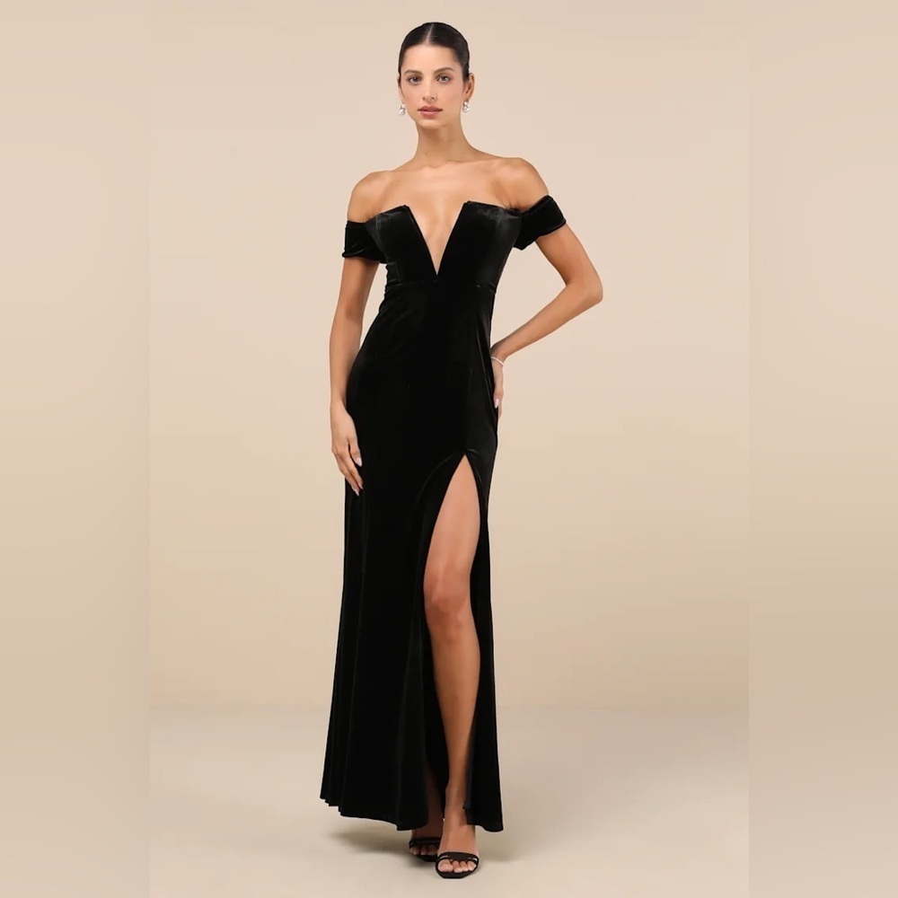 Lulus Captivating Silhouette Black Velvet Off-the-Shoulder Maxi Dress